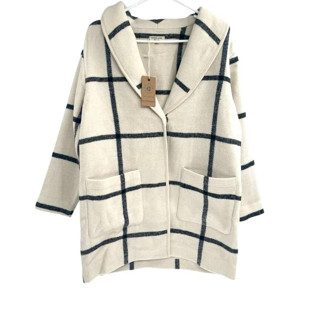 Marine Layer Womens Liverpool Shawl Collar Coatigan Cream Windowpane Size S NWT